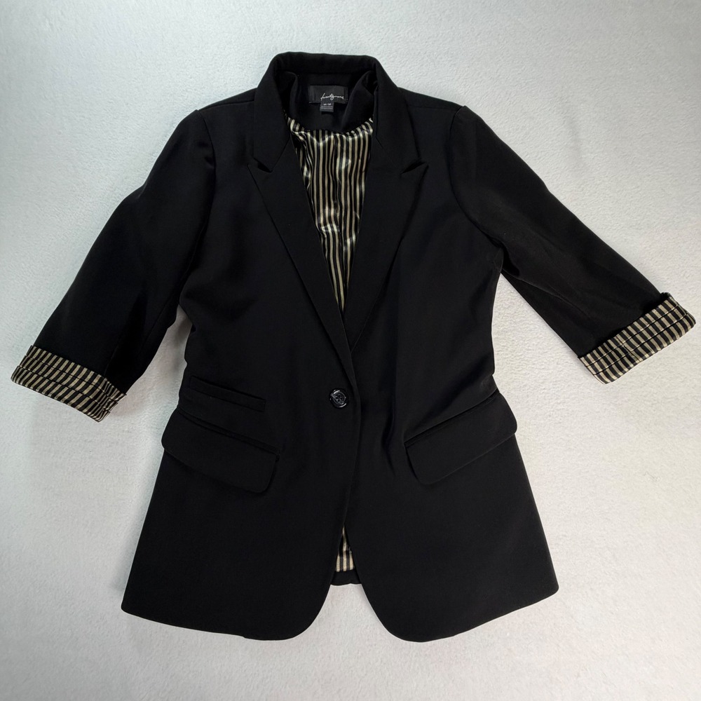 Twenty One Womens Black Single Button Blazer Striped Cuffed 3/4 Sleeve Size M